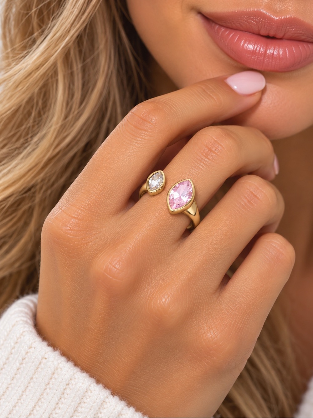 18K Gold Marquise Pink Quartz Moissanite Ring